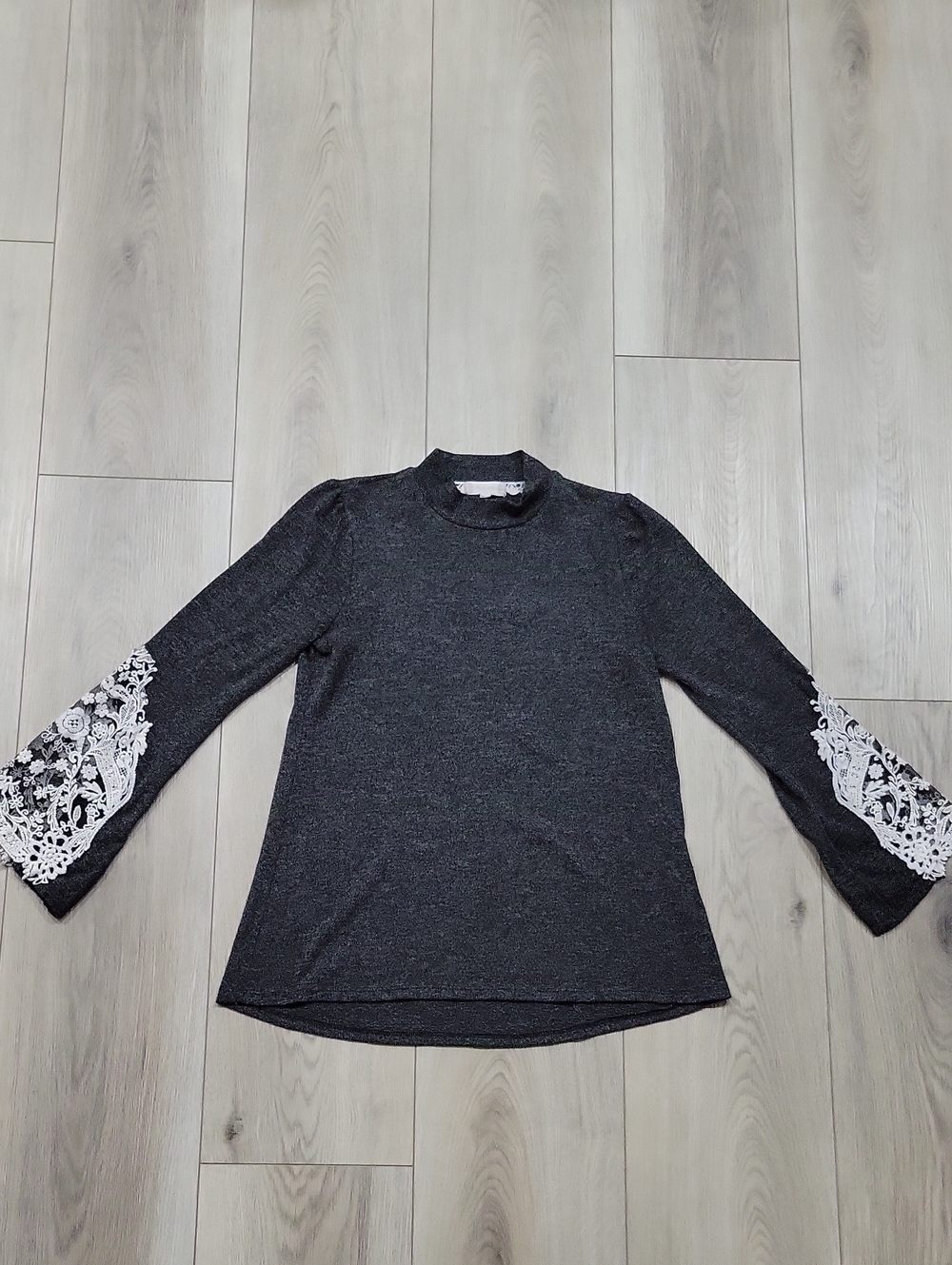 Altar'd State Charcoal Top with White Lace Bell Sleeves
